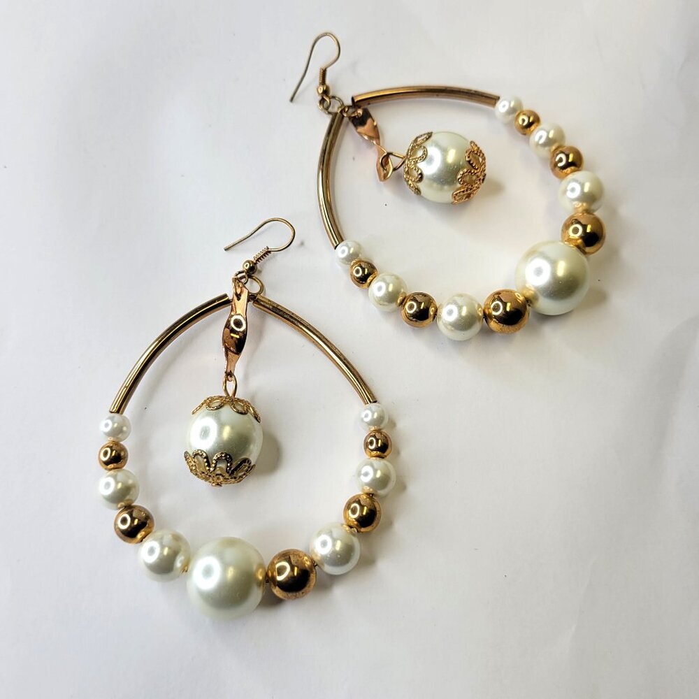 Gold Beads and White Pearl Large Hook Earrings